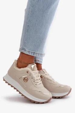 Buty Sportowe Damskie Ocieplane Futerkiem Na Platformie Jasnobeżowe Lerisas