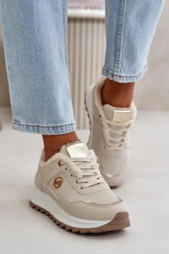 Buty Sportowe Damskie Ocieplane Futerkiem Na Platformie Jasnobeżowe Lerisas