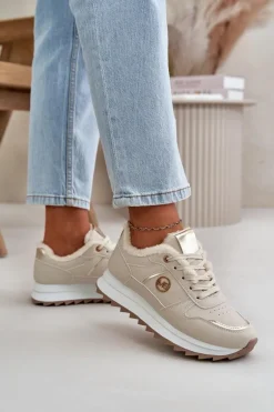 Buty Sportowe Damskie Ocieplane Futerkiem Na Platformie Jasnobeżowe Lerisas