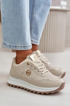 Buty Sportowe Damskie Ocieplane Futerkiem Na Platformie Jasnobeżowe Lerisas