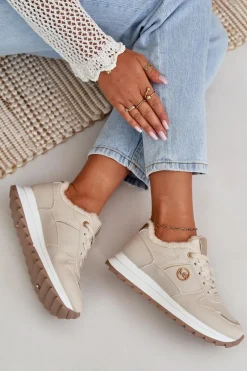 Buty Sportowe Damskie Ocieplane Futerkiem Na Platformie Jasnobeżowe Lerisas