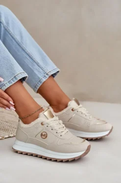 Buty Sportowe Damskie Ocieplane Futerkiem Na Platformie Jasnobeżowe Lerisas