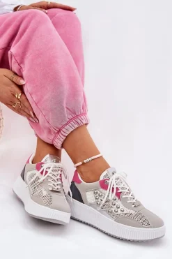 Buty Sportowe Damskie Z Siateczką I Ćwiekami Szare Ogalda