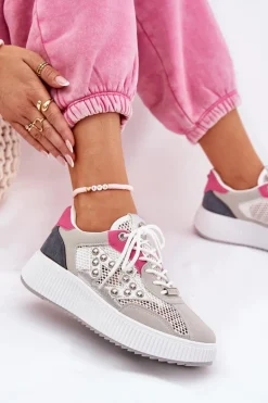 Buty Sportowe Damskie Z Siateczką I Ćwiekami Szare Ogalda