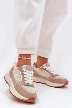Buty Sportowe Damskie Z Siateczką Na Platformie Khaki Poova