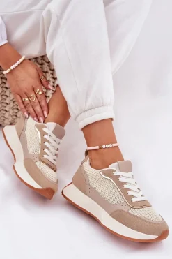 Buty Sportowe Damskie Z Siateczką Na Platformie Khaki Poova