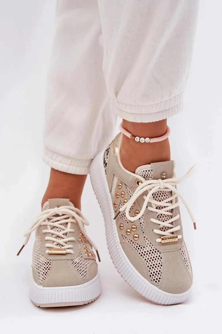 Buty Sportowe Damskie Z Siateczką I Ćwiekami Beżowe Ogalda