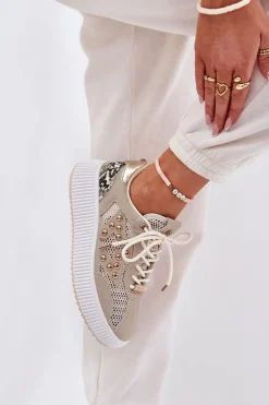 Buty Sportowe Damskie Z Siateczką I Ćwiekami Beżowe Ogalda