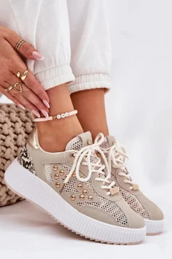 Buty Sportowe Damskie Z Siateczką I Ćwiekami Beżowe Ogalda
