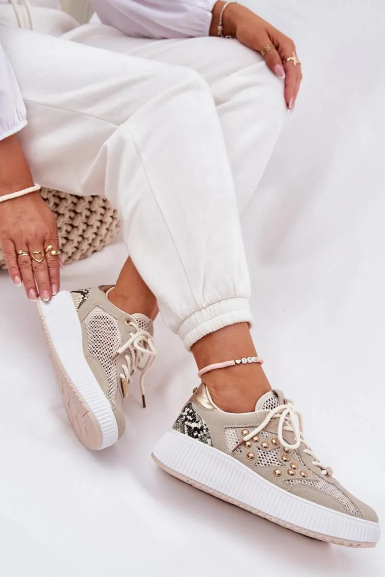 Buty Sportowe Damskie Z Siateczką I Ćwiekami Beżowe Ogalda