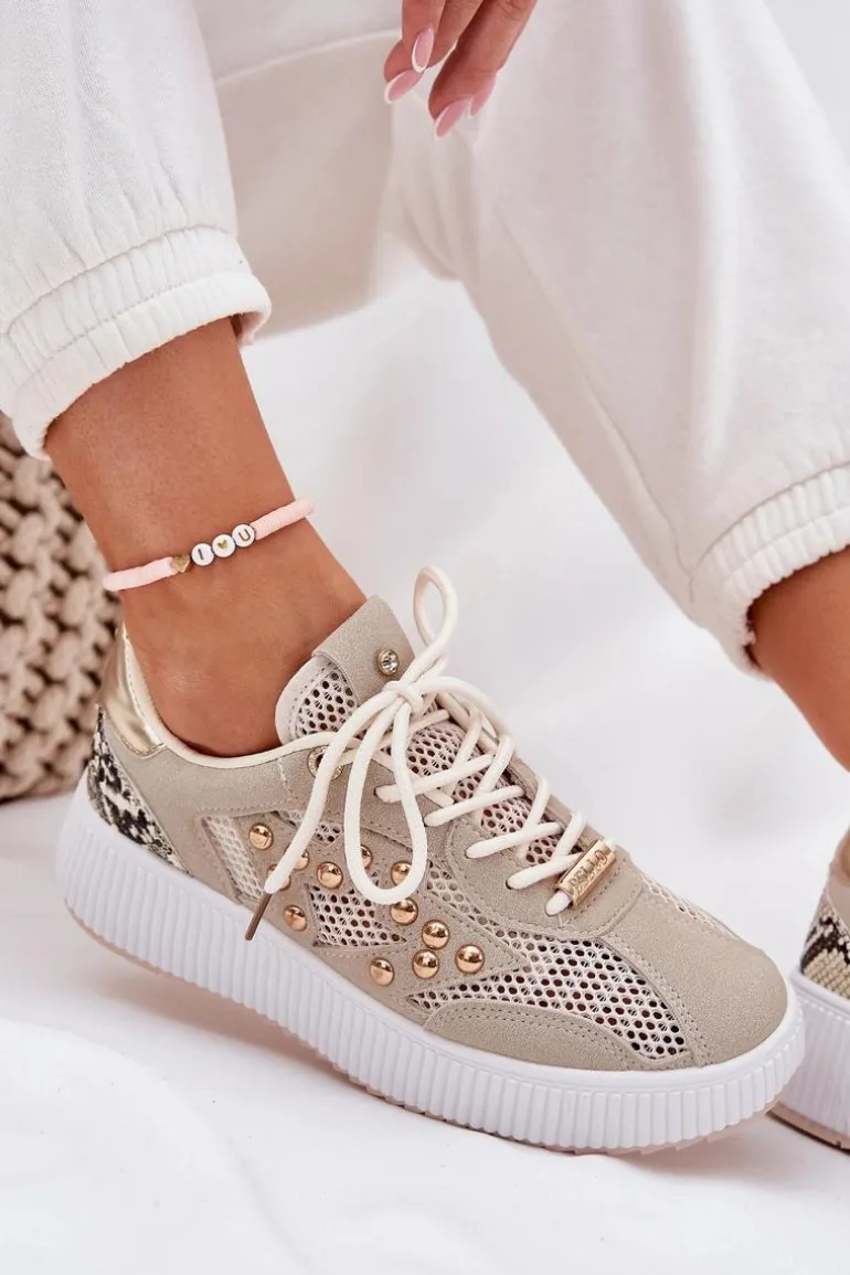 Buty Sportowe Damskie Z Siateczką I Ćwiekami Beżowe Ogalda