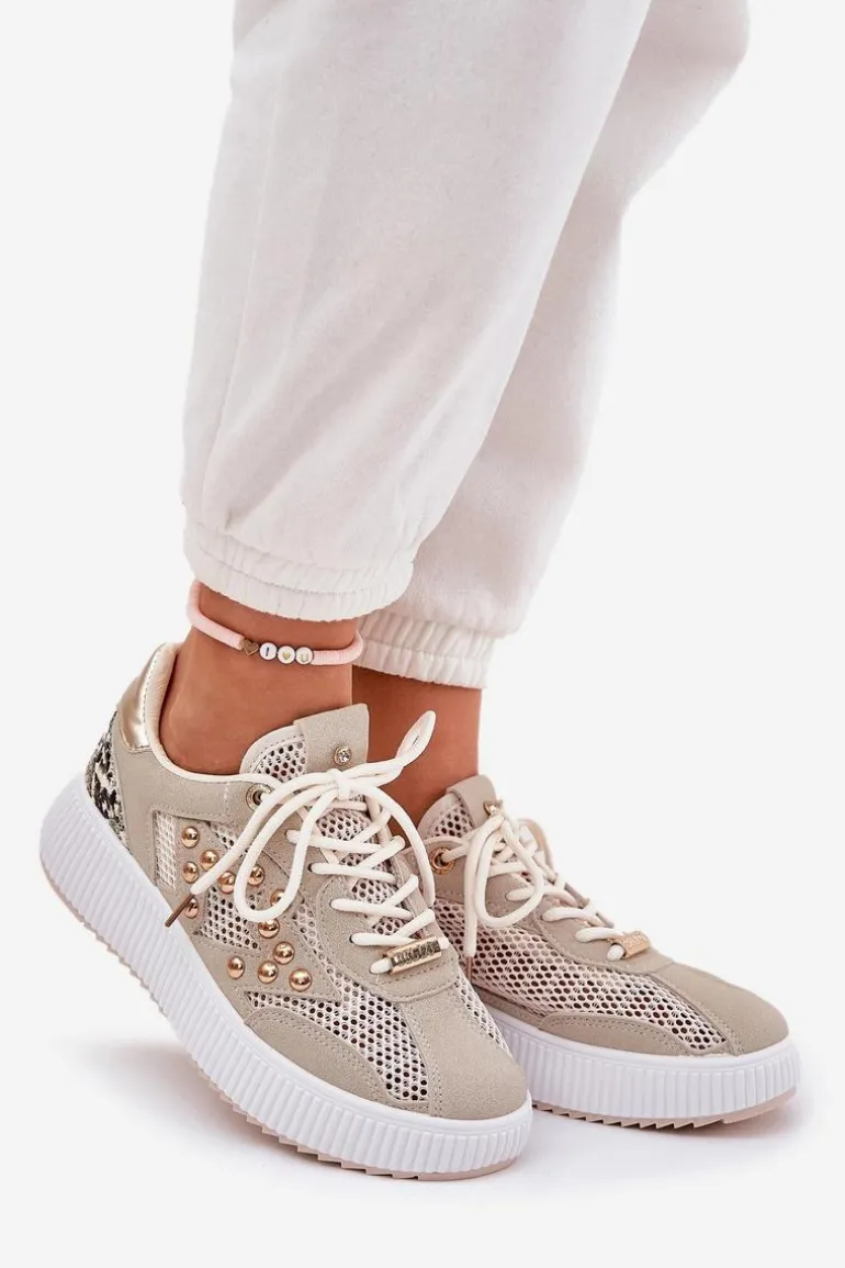 Buty Sportowe Damskie Z Siateczką I Ćwiekami Beżowe Ogalda