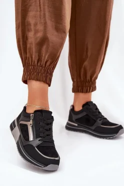 Buty Sportowe Damskie Z Suwakiem Na Platformie Czarne Larys