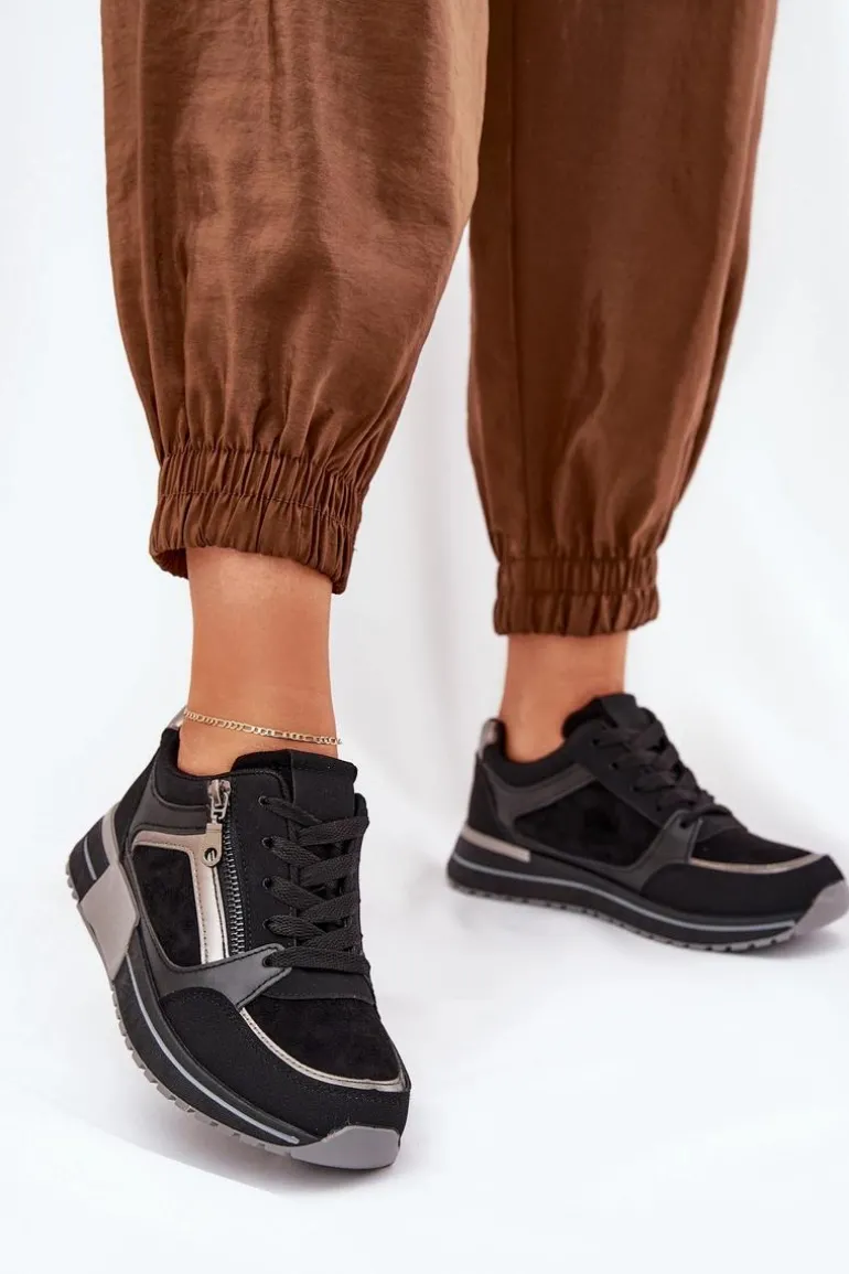Buty Sportowe Damskie Z Suwakiem Na Platformie Czarne Larys