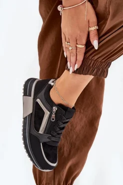Buty Sportowe Damskie Z Suwakiem Na Platformie Czarne Larys