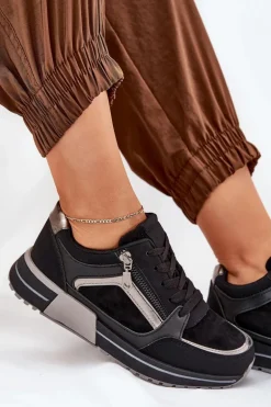 Buty Sportowe Damskie Z Suwakiem Na Platformie Czarne Larys