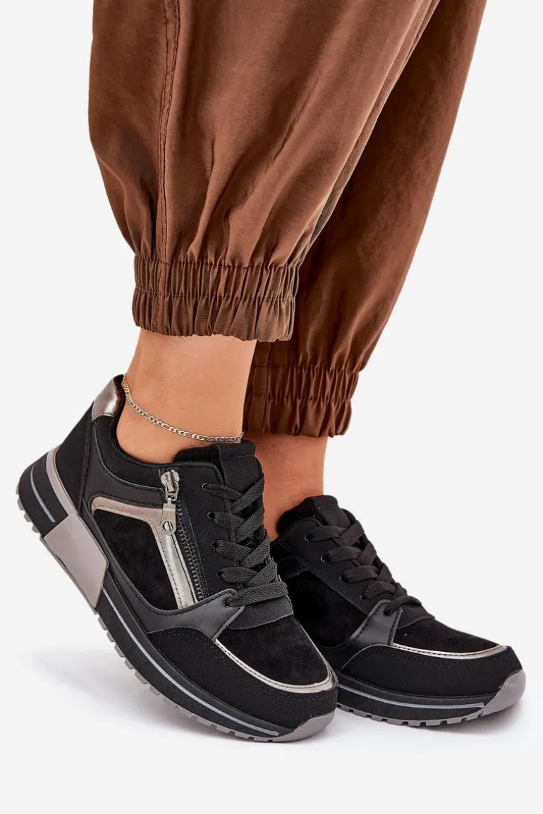 Buty Sportowe Damskie Z Suwakiem Na Platformie Czarne Larys