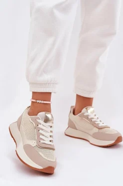 Buty Sportowe Damskie Z Siateczką Na Platformie Beżowe Poova