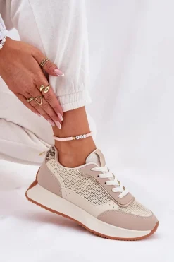Buty Sportowe Damskie Z Siateczką Na Platformie Beżowe Poova