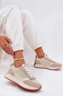 Buty Sportowe Damskie Z Siateczką Na Platformie Beżowe Poova