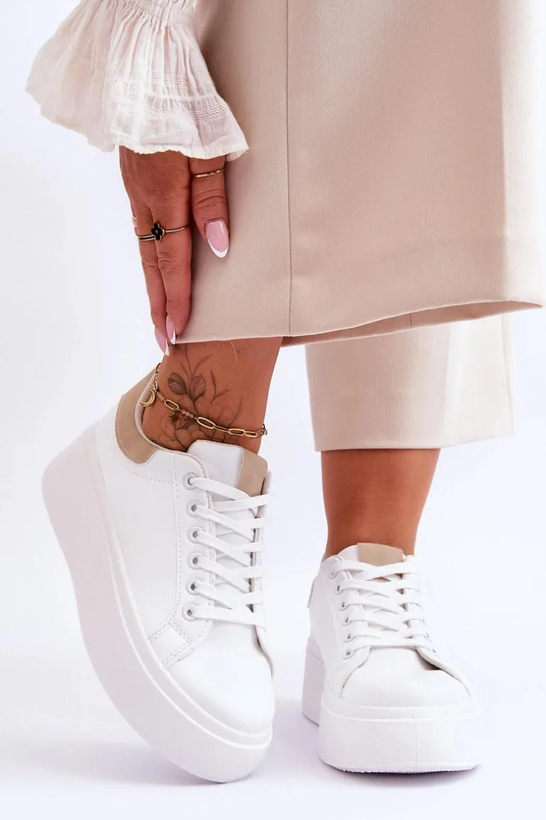 Buty Sportowe Na Masywnej Platformie Biało-Beżowe Boneti