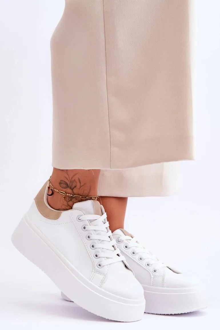 Buty Sportowe Na Masywnej Platformie Biało-Beżowe Boneti