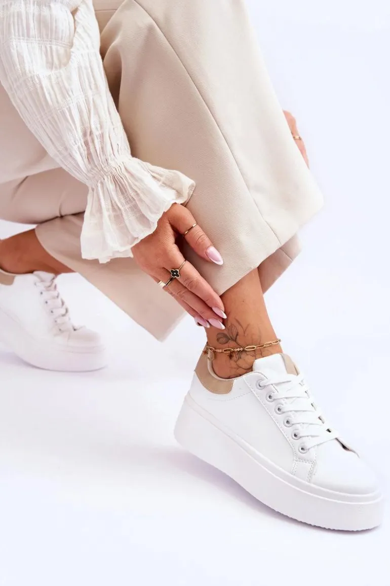 Buty Sportowe Na Masywnej Platformie Biało-Beżowe Boneti