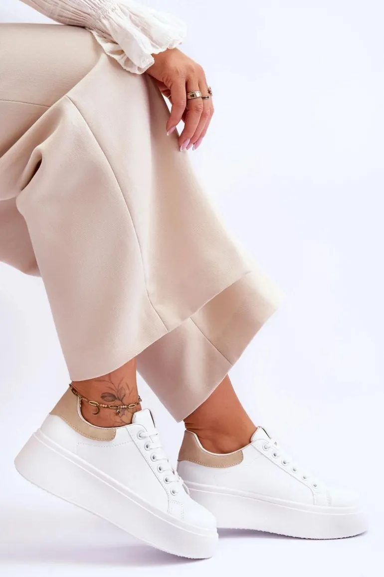 Buty Sportowe Na Masywnej Platformie Biało-Beżowe Boneti