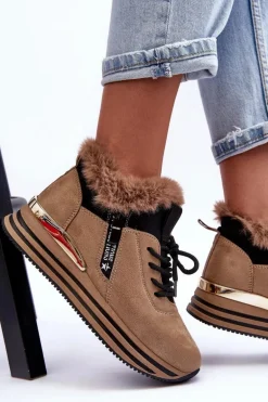 Buty Sportowe Na Platformie Z Futerkiem Ciemnobeżowe Jamarie