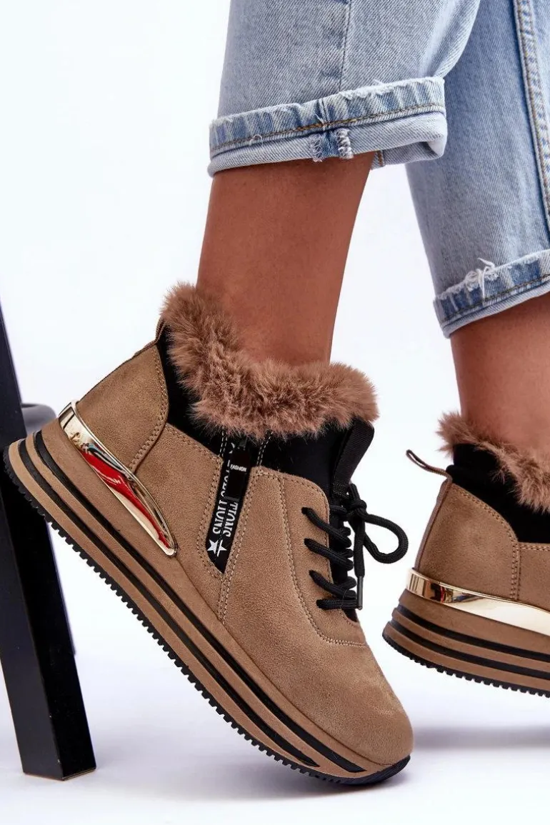 Buty Sportowe Na Platformie Z Futerkiem Ciemnobeżowe Jamarie