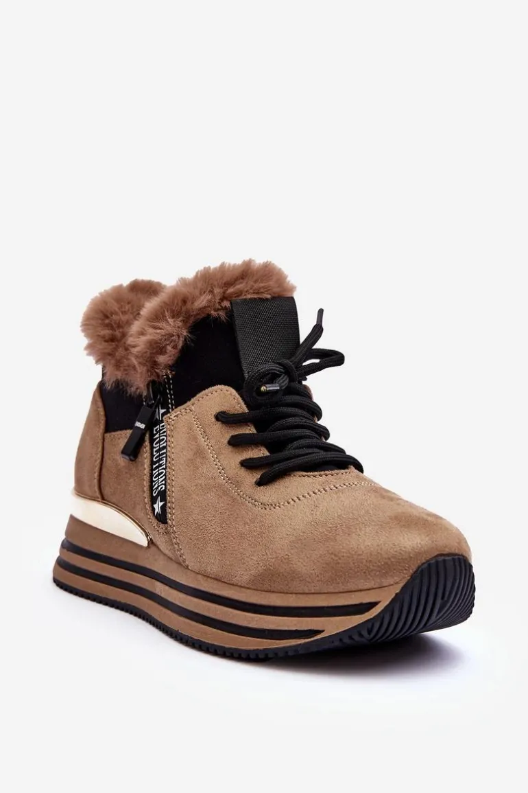Buty Sportowe Na Platformie Z Futerkiem Ciemnobeżowe Jamarie