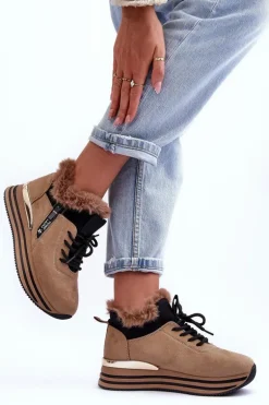 Buty Sportowe Na Platformie Z Futerkiem Ciemnobeżowe Jamarie