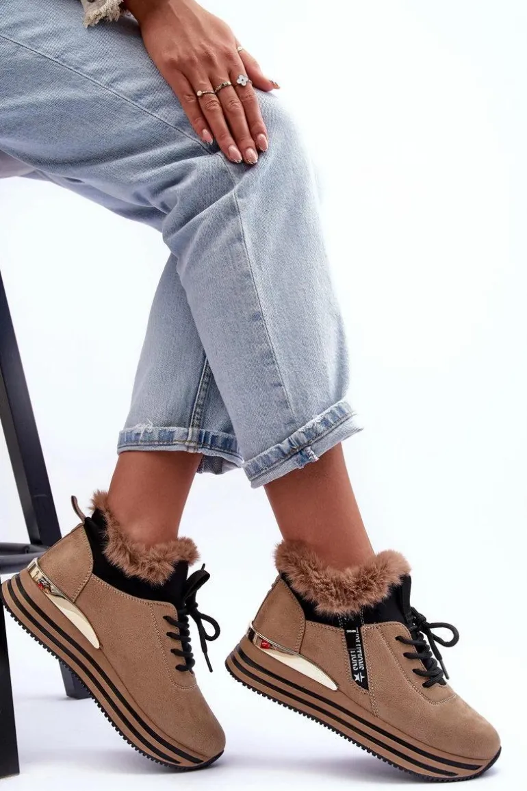 Buty Sportowe Na Platformie Z Futerkiem Ciemnobeżowe Jamarie