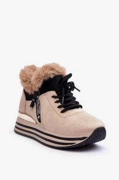 Buty Sportowe Na Platformie Z Futerkiem Beżowe Jamarie