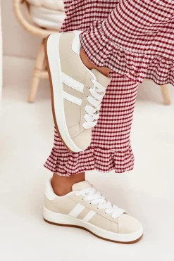 Buty Sportowe Sneakersy Damskie Z Eko Skóry Beżowe Ravina