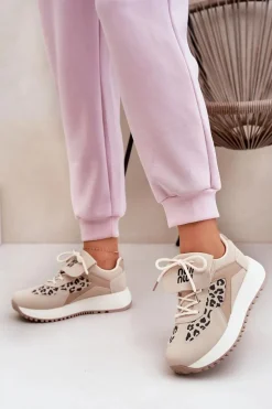 Buty Sportowe Sneakersy Damskie Na Platformie Panterka Beżowe Pumbes