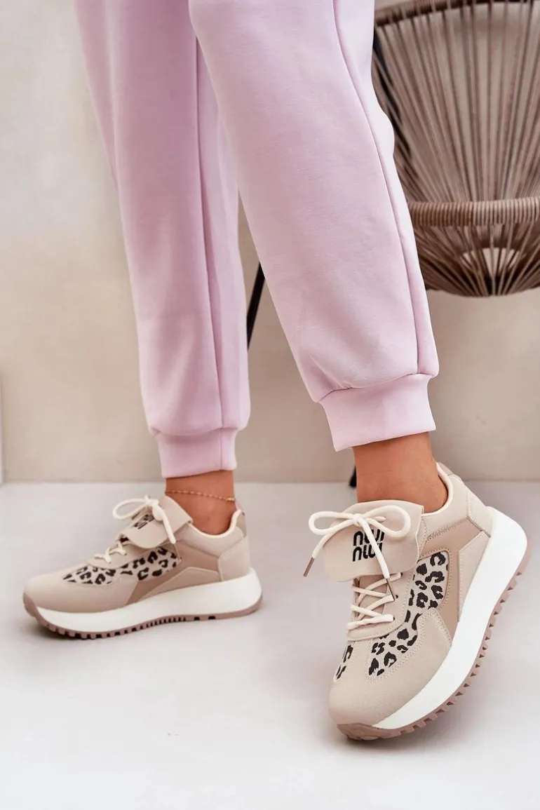 Buty Sportowe Sneakersy Damskie Na Platformie Panterka Beżowe Pumbes