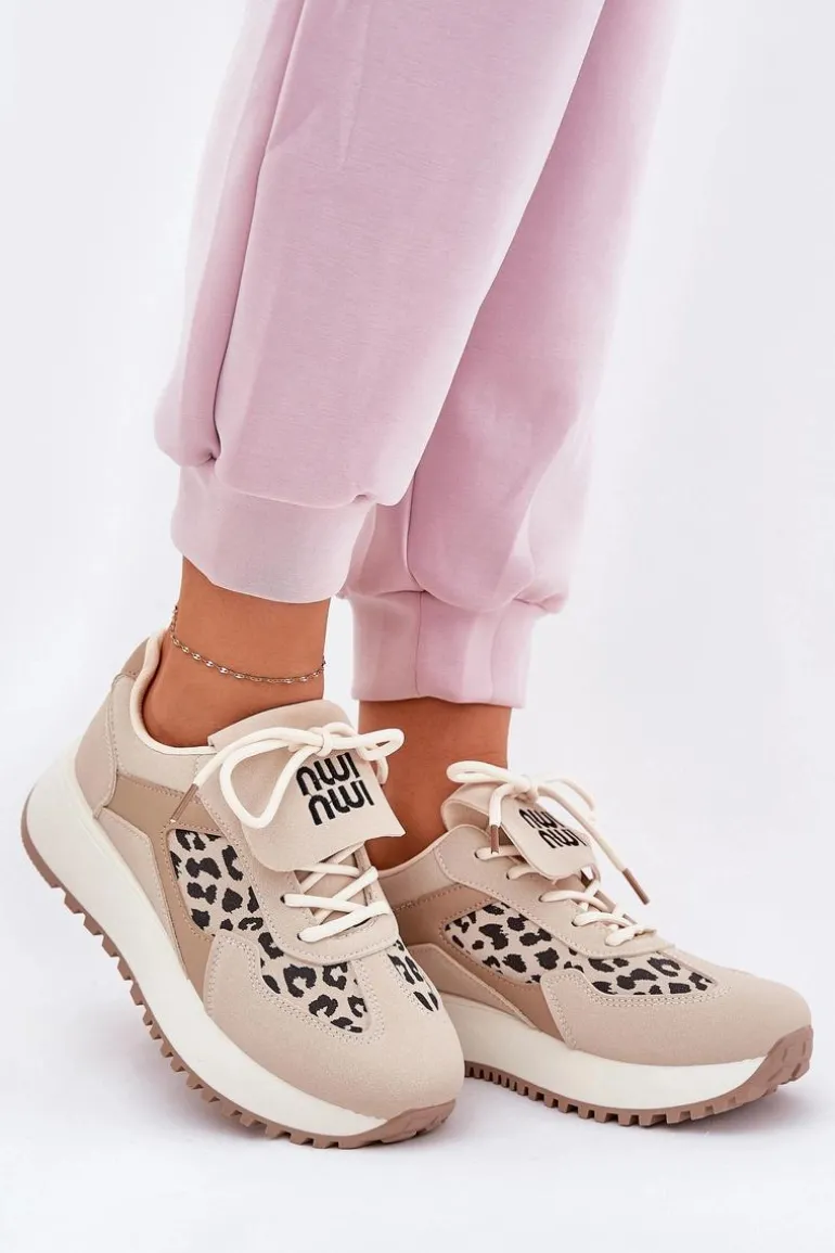 Buty Sportowe Sneakersy Damskie Na Platformie Panterka Beżowe Pumbes