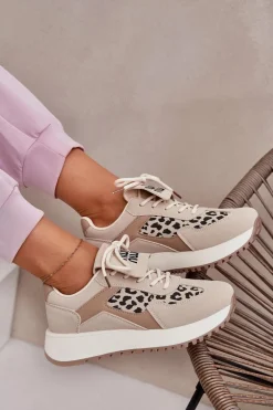 Buty Sportowe Sneakersy Damskie Na Platformie Panterka Beżowe Pumbes