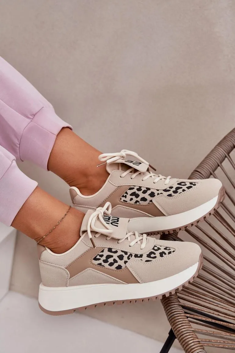 Buty Sportowe Sneakersy Damskie Na Platformie Panterka Beżowe Pumbes