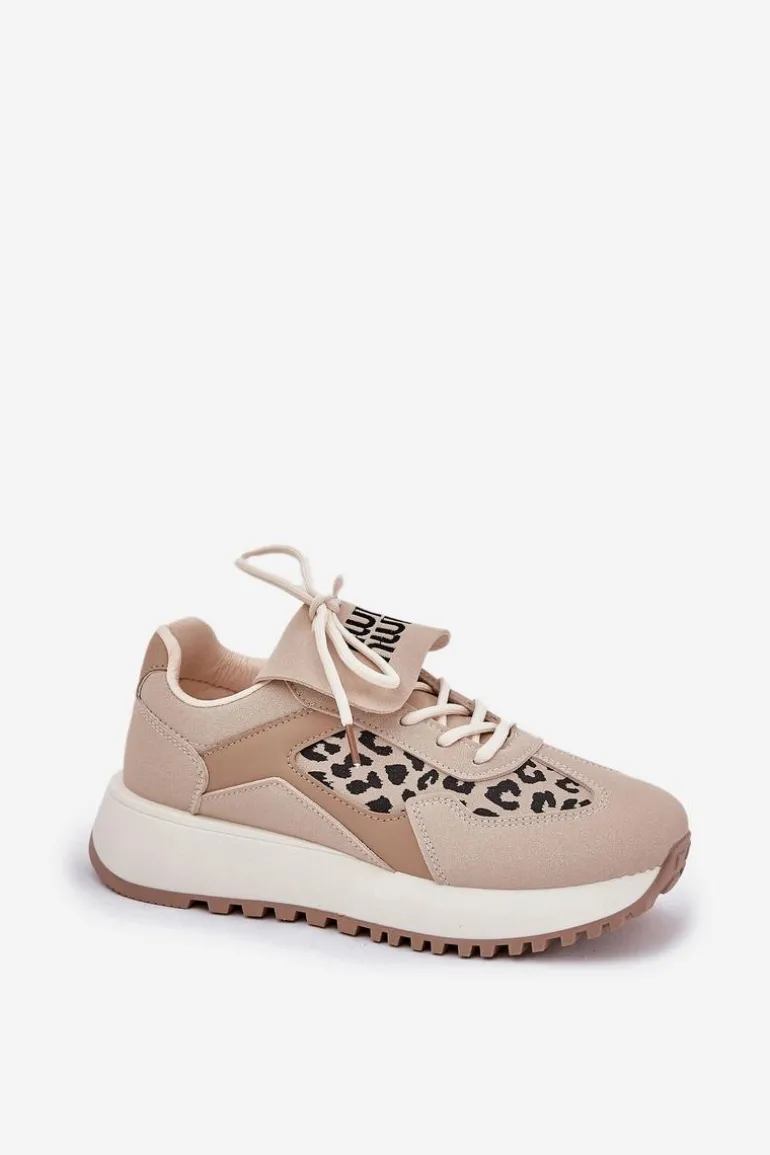 Buty Sportowe Sneakersy Damskie Na Platformie Panterka Beżowe Pumbes
