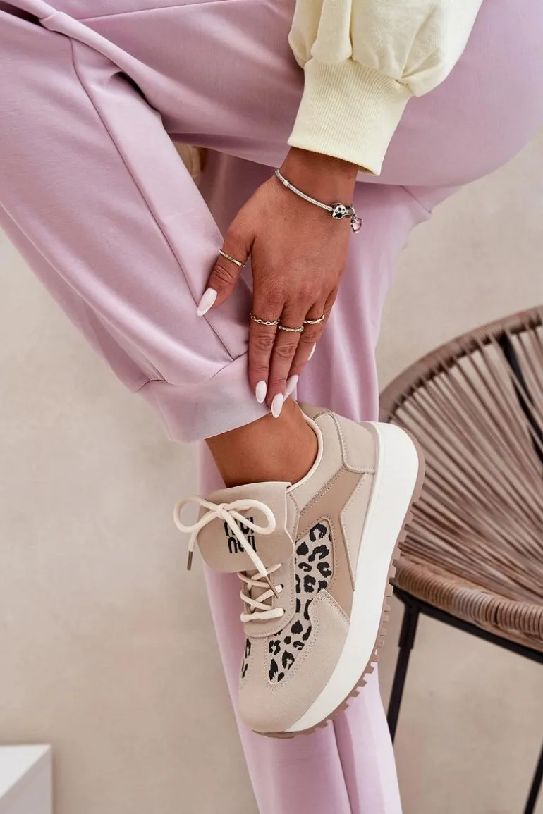 Buty Sportowe Sneakersy Damskie Na Platformie Panterka Beżowe Pumbes