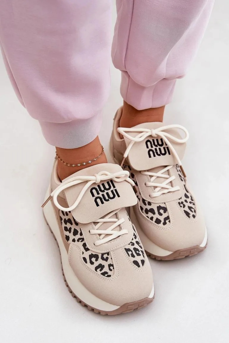 Buty Sportowe Sneakersy Damskie Na Platformie Panterka Beżowe Pumbes