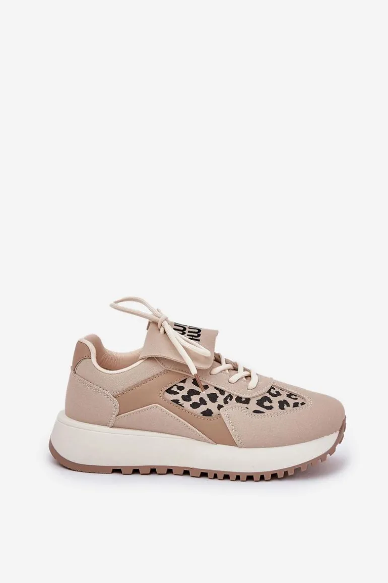 Buty Sportowe Sneakersy Damskie Na Platformie Panterka Beżowe Pumbes