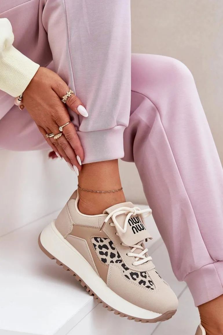Buty Sportowe Sneakersy Damskie Na Platformie Panterka Beżowe Pumbes