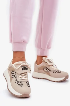 Buty Sportowe Sneakersy Damskie Na Platformie Panterka Beżowe Pumbes