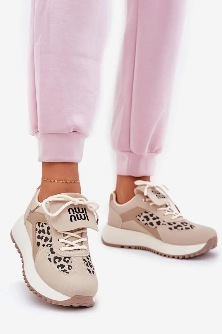 Buty Sportowe Sneakersy Damskie Na Platformie Panterka Beżowe Pumbes