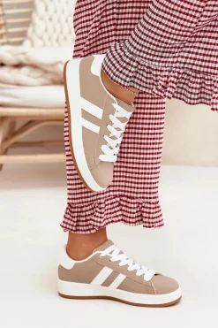 Buty Sportowe Sneakersy Damskie Z Eko Skóry Ciemnobeżowe Ravina