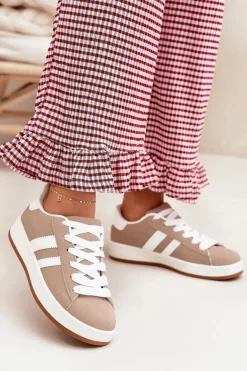 Buty Sportowe Sneakersy Damskie Z Eko Skóry Ciemnobeżowe Ravina