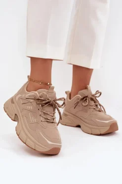 Buty Sportowe Sneakersy Damskie Z Podwójnym Sznurowaniem Beżowe Annelie
